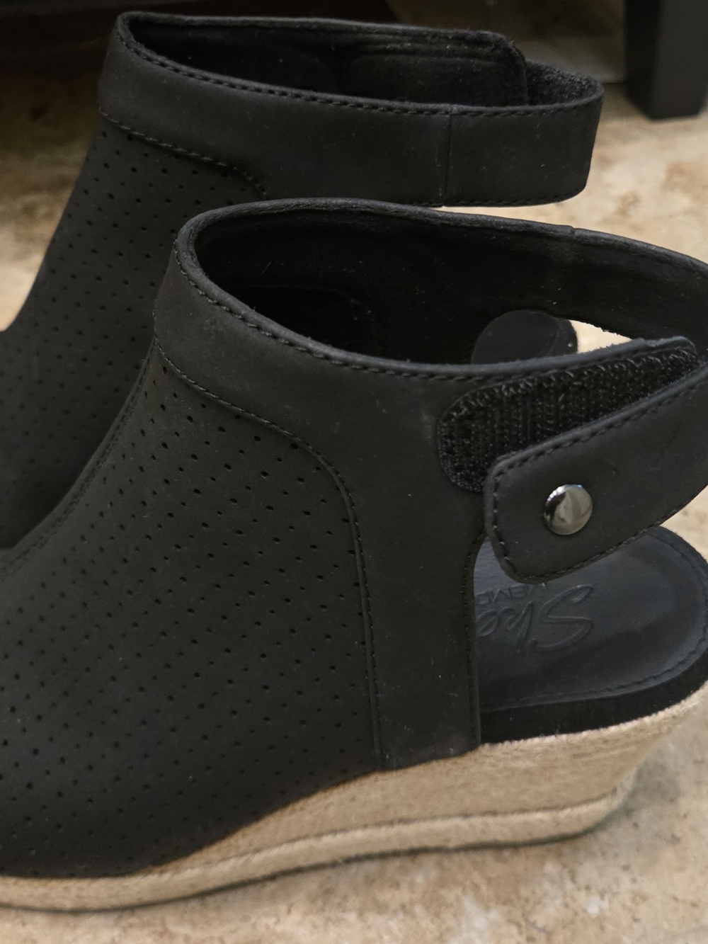 Skechers Black Perforated Wedge Sandal with Ankle Strap